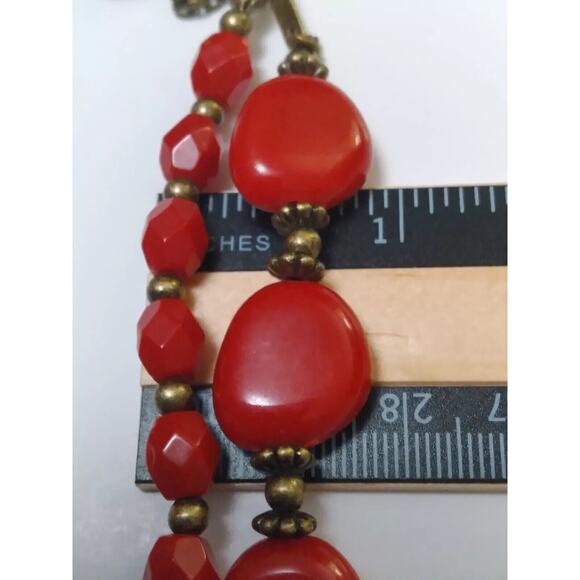 SAQ Necklace Red Three Strands Plastic Beads Light Bronze Chain And Spacers - Picture 6 of 7